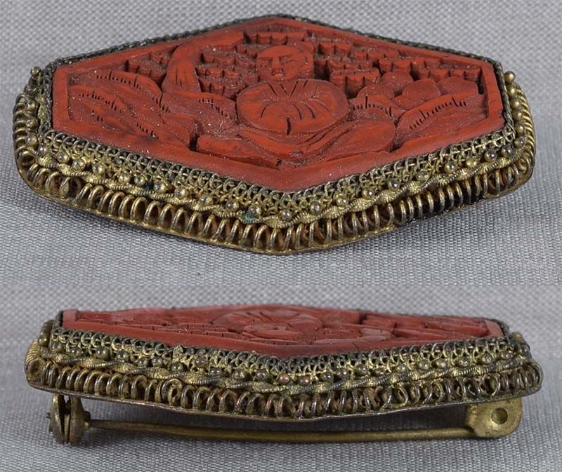 19c Chinese Export cinnabar lacquer BROOCH / PIN scholar rocks - 4