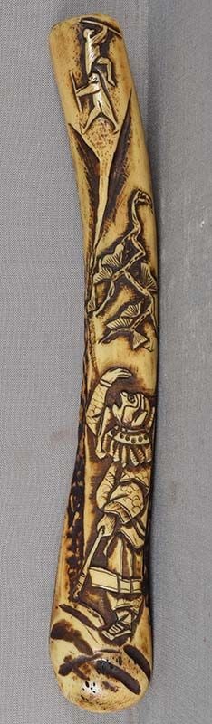 19c ASAKUSA KISERUZUTSU Japanese pipe case MONKEY KING: 19th century Japanese Asakusa school staghorn kiseruzutsu - tobacco pipe case - carved with the Monkey King with a bamboo stick in his hand standing under a pine tree and looking at two monkey