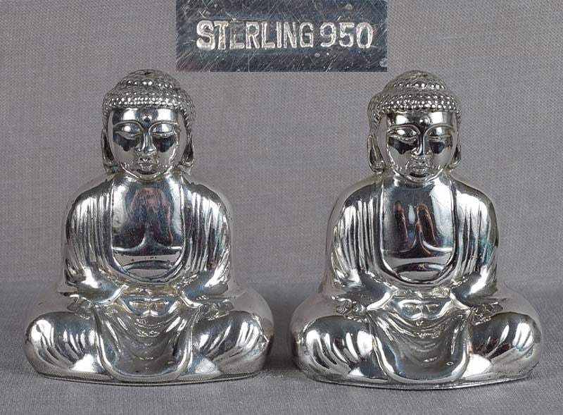 Pair 1930s Japanese silver salts AMIDA BUDDHA (1 of 6)