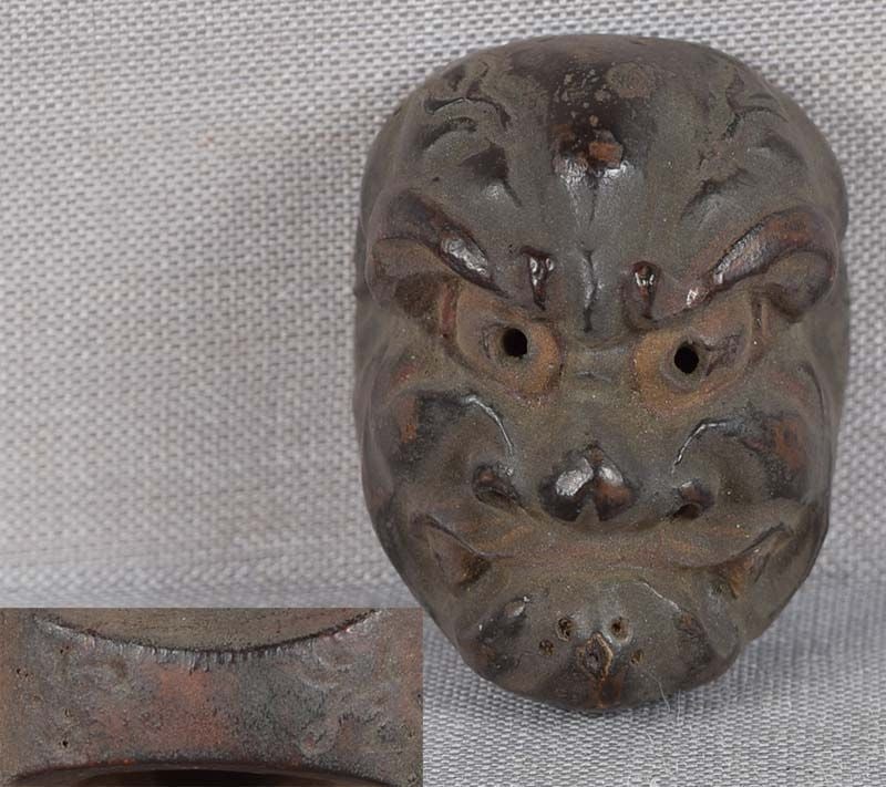 19c netsuke MASK KO-BESHIMI by RYUUN: 19th century Japanese small lacquered wood netsuke representing an unusual theatrical mask of KO-BESHIMI used for roles of some harmless demons or gods who exert their powers for good. Crisp