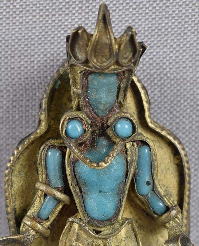 Vintage Tibetan PIN Boddhisattva Amitabha brass & turquoise glass - 2