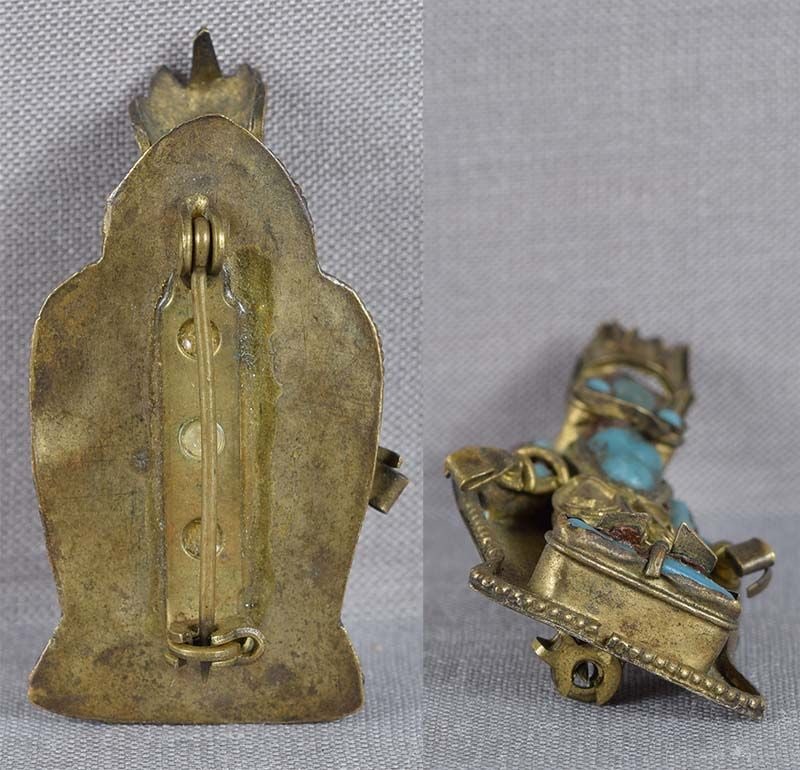 Vintage Tibetan PIN Boddhisattva Amitabha brass & turquoise glass - 3