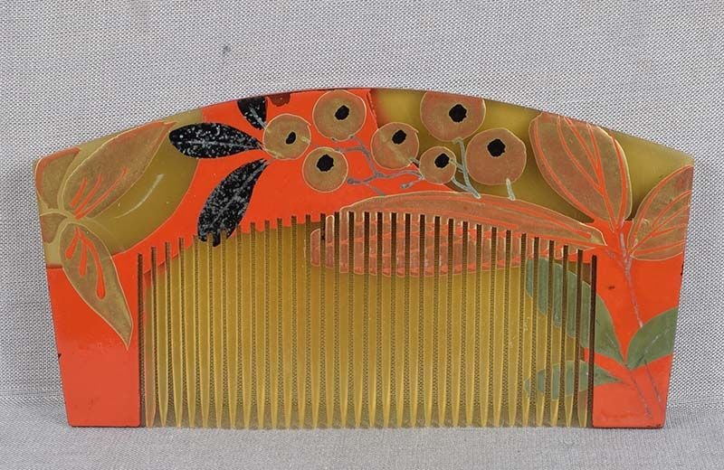 19c Japanese lacquer buffalo horn KUSHI hair COMB BIRDS berries (1 of 6)