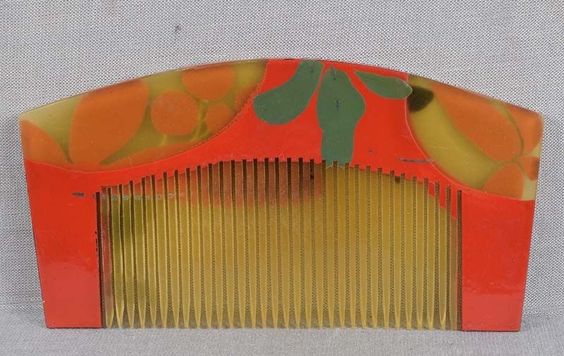 19c Japanese lacquer buffalo horn KUSHI hair COMB BIRDS berries - 2