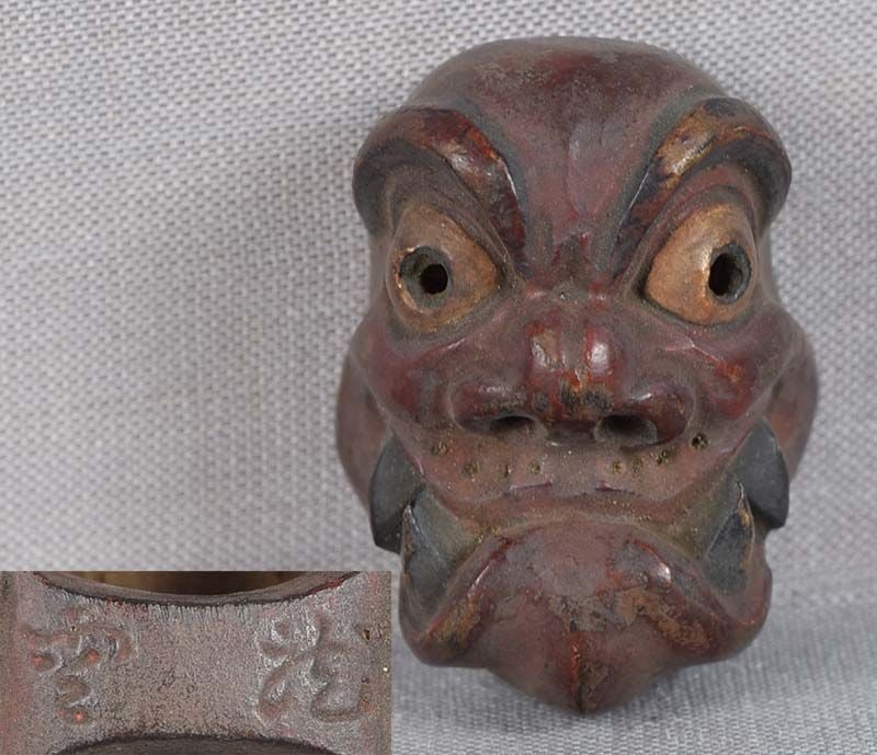 19c netsuke MASK hollow cheeked DEMON by RYUUN: 19th century Japanese small lacquered wood netsuke representing a theatrical mask of a hollow cheeked demon. Excellent intense face, crisp detailing, nicely lacquered, great patina, some wear to the