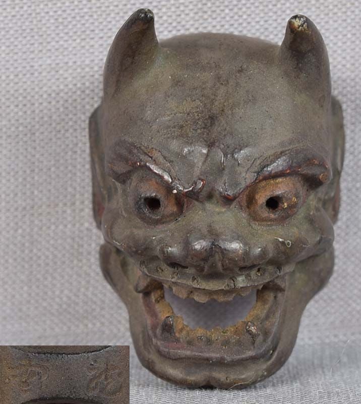 19c netsuke MASK DEMON HANNYA by RYUUN: 19th century Japanese small lacquered wood netsuke representing a theatrical mask of demon Hannya. Excellent intense face, crisp detailing, nicely lacquered, great patina, some wear to the surface. Si
