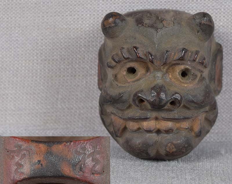 19c netsuke MASK ONI by RYUUN: 19th century Japanese small lacquered wood netsuke representing a theatrical mask of an oni. Crisp detailing, nicely lacquered, great patina. some wear to the surface.. Signed RYUUN on the back bar -