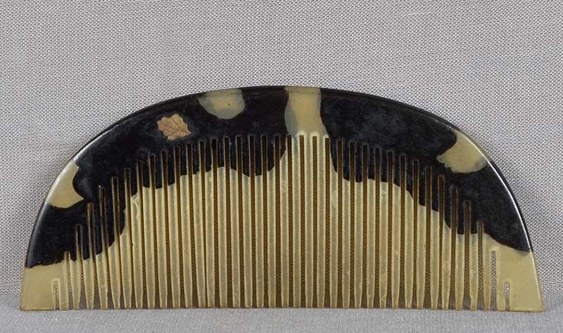 19c Japanese lacquer buffalo horn KUSHI hair comb FLOWERS - 2