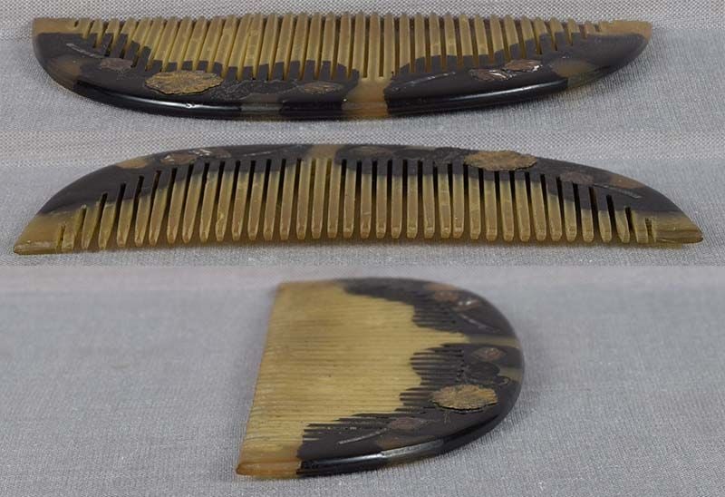 19c Japanese lacquer buffalo horn KUSHI hair comb FLOWERS - 5