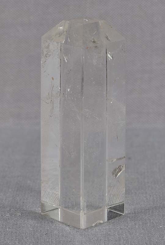 19c Chinese scholar ROCK CRYSTAL SEAL BLANK: 19th century Chinese rock crystal seal blank of square section. All features seen in the stone are natural, no chips except for a small one by the base seen on Enlargement 2, left photo. Uncommon