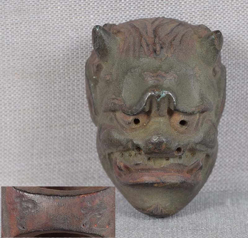 19c netsuke MASK DEMON HANNYA by RYUUN: 19th century Japanese small lacquered wood netsuke representing a theatrical mask of Demon Hannya. Excellent intense face, crisp detailing, nicely lacquered, great patina. some wear to the surface. Si