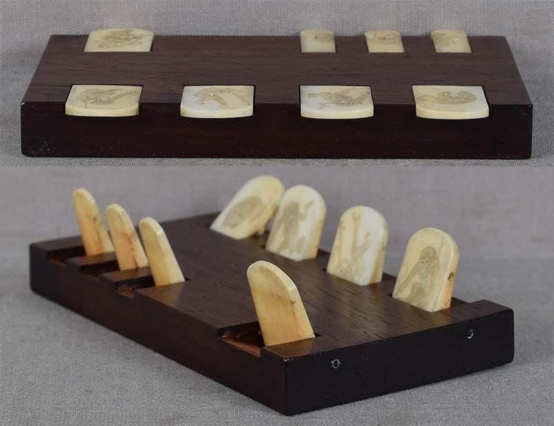 19c marine material Japanese WHIST GAME COUNTER 8 MONKEYS: Late 19th century game counter with rosewood body and 8 marine material tabs, each carved with a monkey in a different attitude. Excellent quality carving - see their fine hairwork, expressive faces