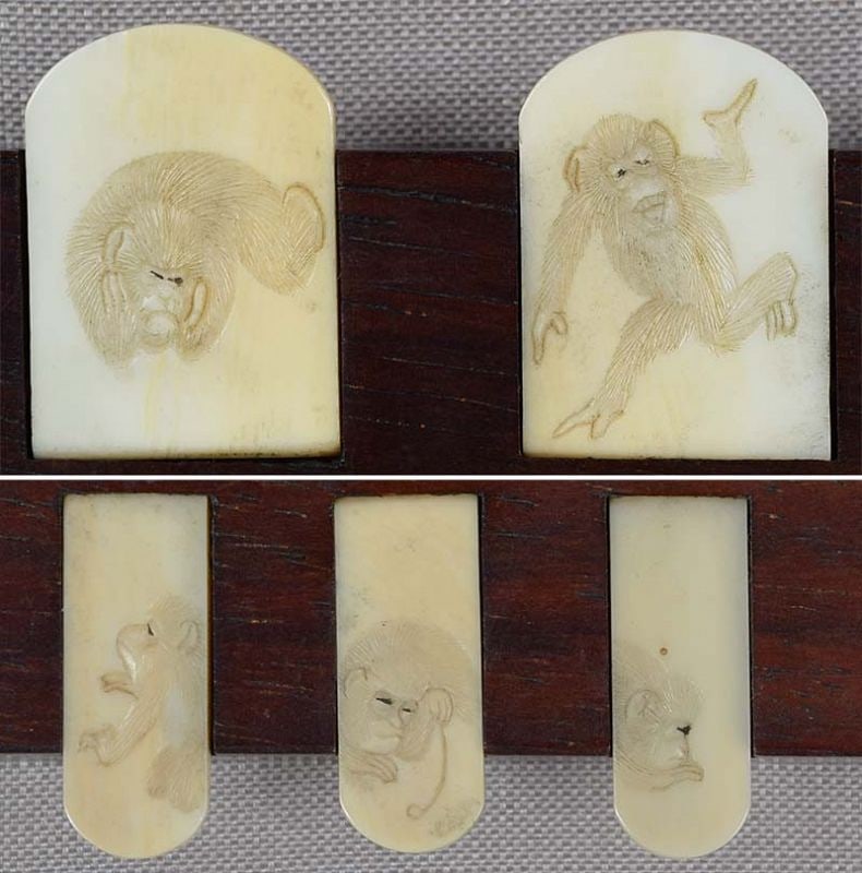 19c marine material Japanese WHIST GAME COUNTER 8 MONKEYS - 3