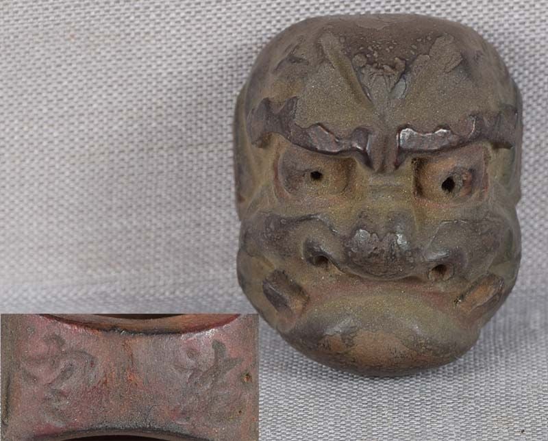 19c netsuke MASK BESHIMI by RYUUN: 19th century Japanese small lacquered wood netsuke representing a theatrical mask of Beshimi. Excellent intense face, great patina. Crisp detailing, nicely lacquered, some wear to the surface. Signed