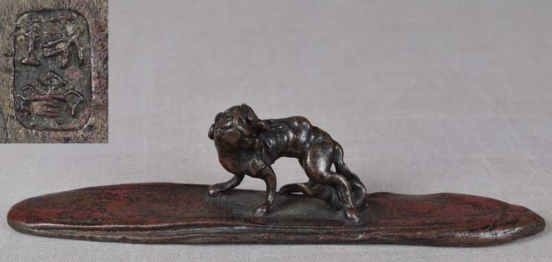 19c Japanese bronze SCROLL WEIGHT / brush rest CHIMERA by TAKUSAI (1 of 6)