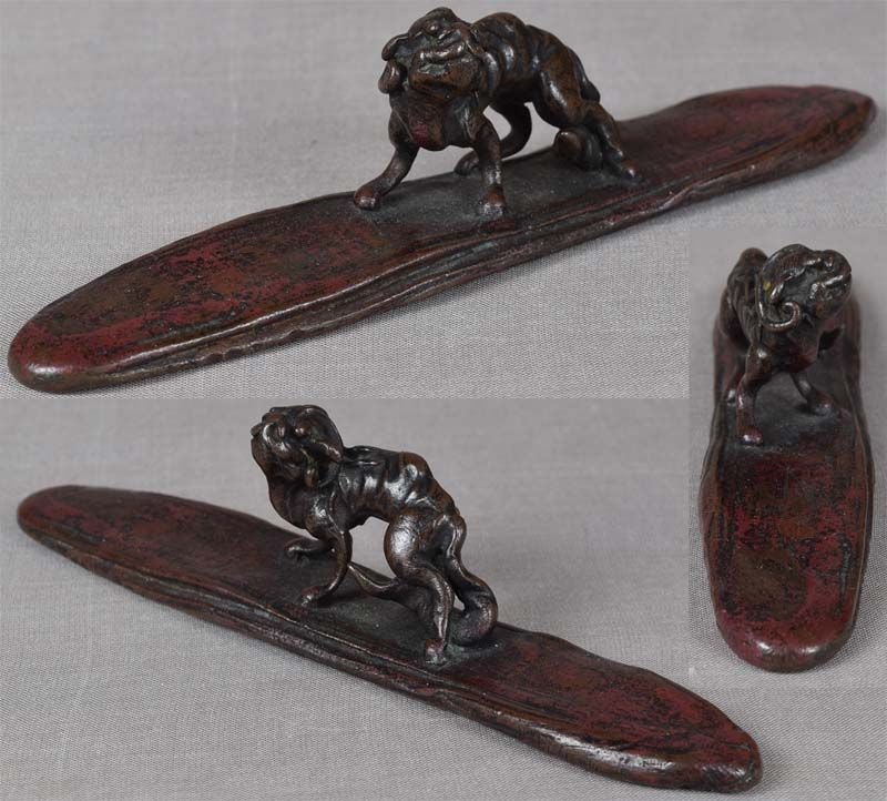 19c Japanese bronze SCROLL WEIGHT / brush rest CHIMERA by TAKUSAI - 5