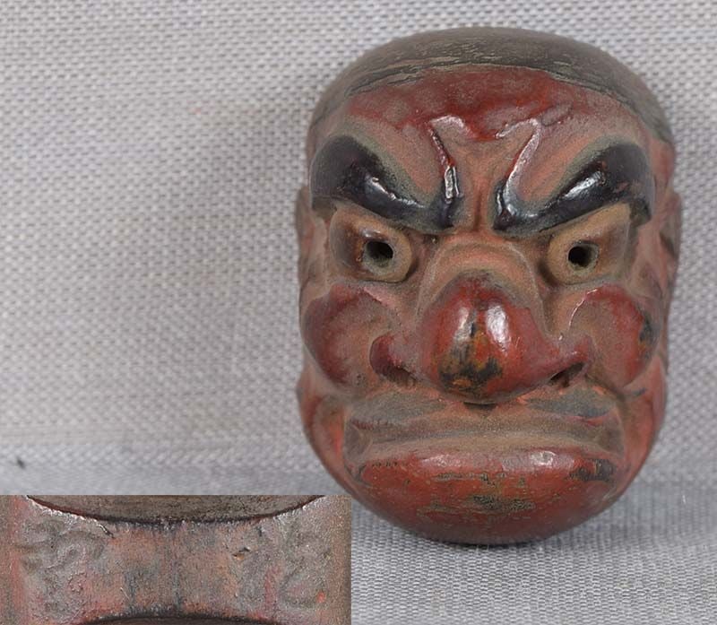 19c netsuke MASK CHU-BESHIMI by RYUUN: 19th century Japanese small lacquered wood netsuke representing a theatrical mask of Chu-Beshimi. Crisp detailing, nicely lacquered, great patina. some wear to the surface. Signed RYUUN on the back ba