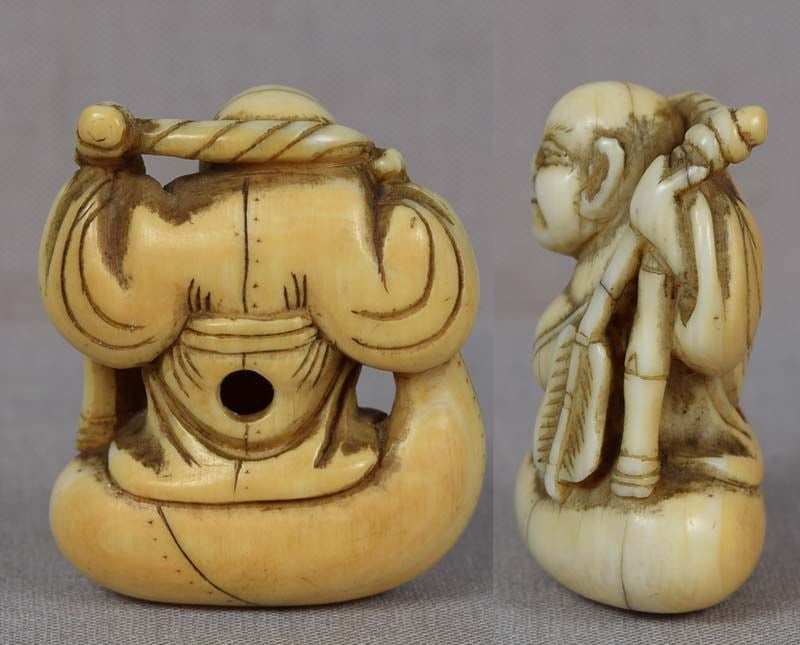 Early 19c netsuke HOTEI on bag - 3