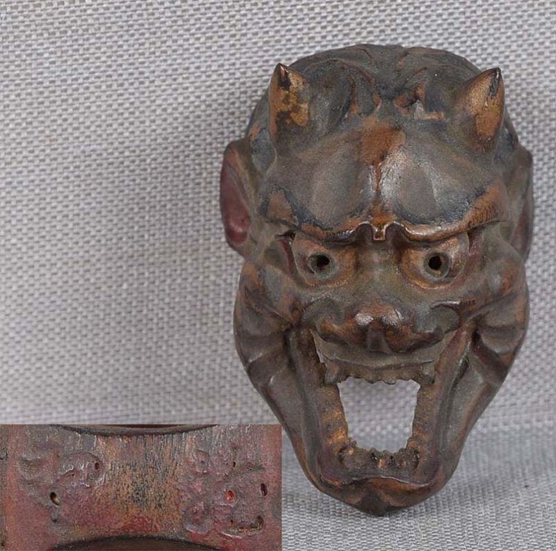 19c netsuke MASK DEMON HANNYA by RYUUN: 19th century Japanese small lacquered wood netsuke representing a theatrical mask of horned green skinned demon. Uncommon image, excellent intense face, great patina. Crisp detailing, nicely