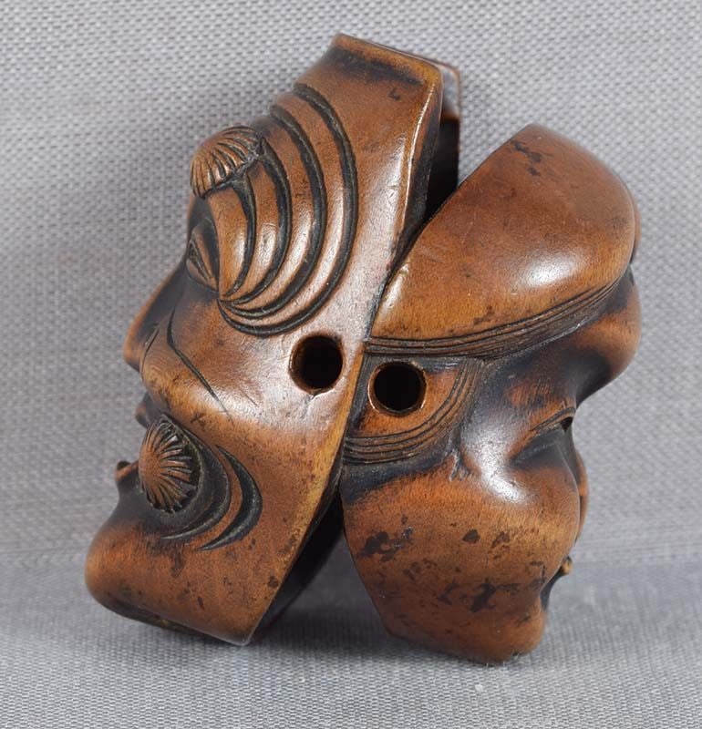 Early 19c netsuke OKINA & OKAME masks - 3