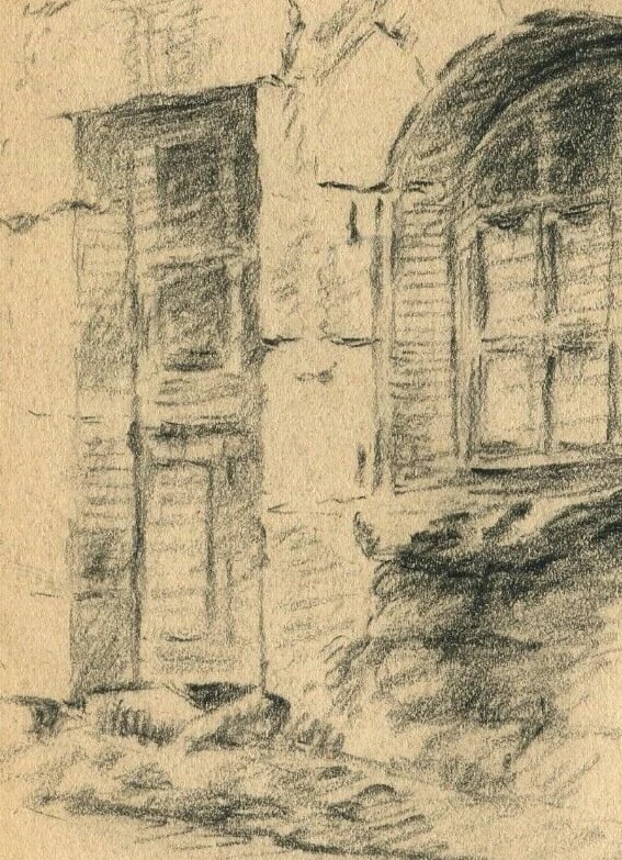 1934 Dated French Pencil Drawing Architecture Building, House, Window Antique - 3