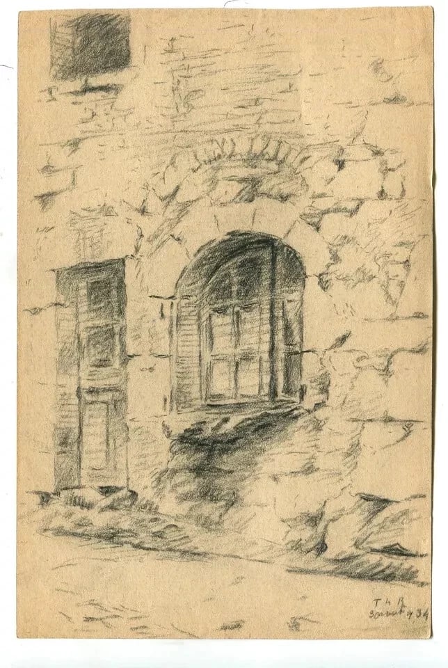 1934 Dated French Pencil Drawing Architecture Building, House, Window Antique - 4