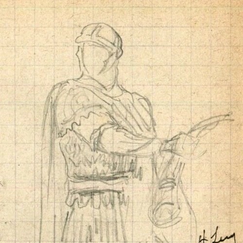 Italian Pencil Drawing Roman Figure Portrait, Knight Signed - 2