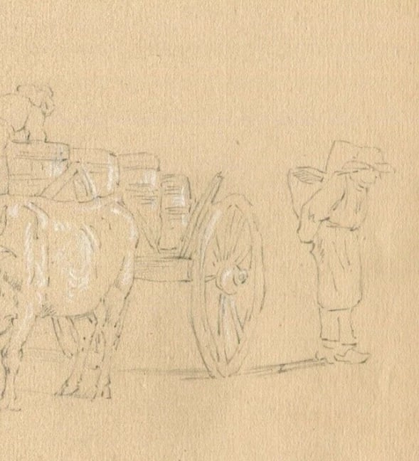 French Pencil Drawing Bulls, Men, Plow, Working Life Antique - 7