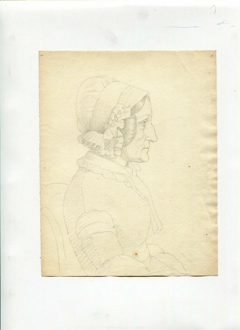 Antique Pencil Drawing Original 19th century Woman, Hat Profil Portrait - 2