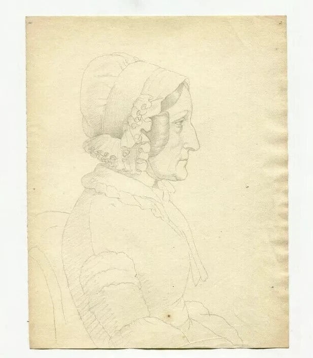 Antique Pencil Drawing Original 19th century Woman, Hat Profil Portrait - 3