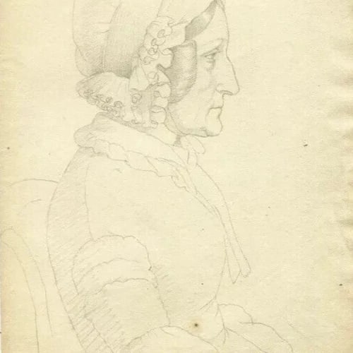 Antique Pencil Drawing Original 19th century Woman, Hat Profil Portrait - 7