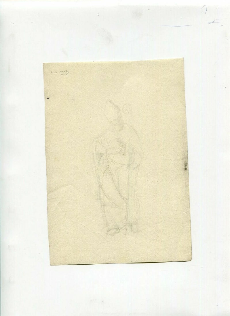 Antique Pencil Original Drawing Pope, Apostle, Religious, People, Portrait - 2