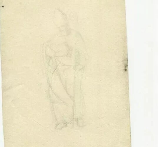 Antique Pencil Original Drawing Pope, Apostle, Religious, People, Portrait - 7