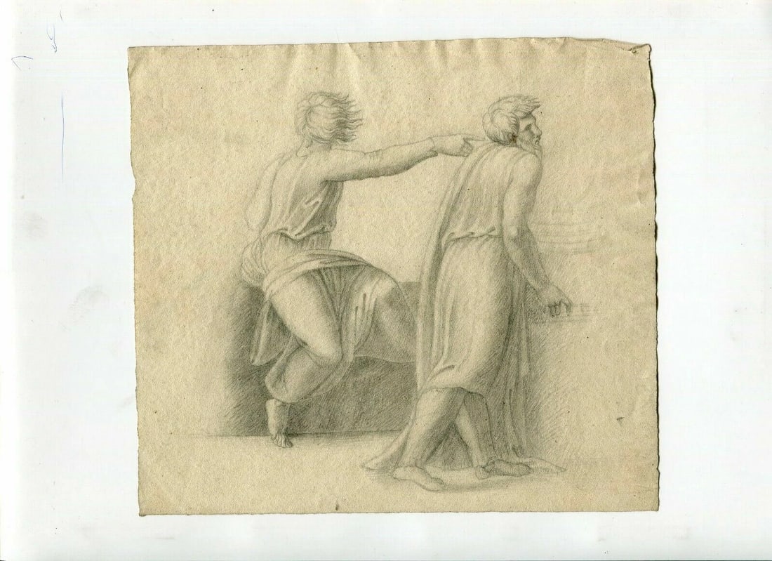 Religious Scene People - Drawing Antique Pencil Original 19th century - 2