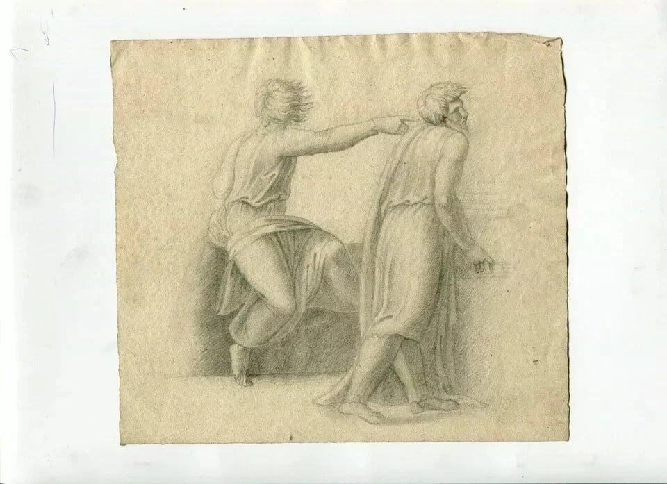 Religious Scene People - Drawing Antique Pencil Original 19th century - 4