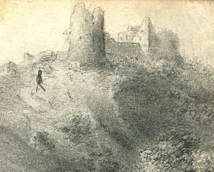 Antique Pencil Drawing 19th century Original Mountain Landscape, Firs, Forest - 2