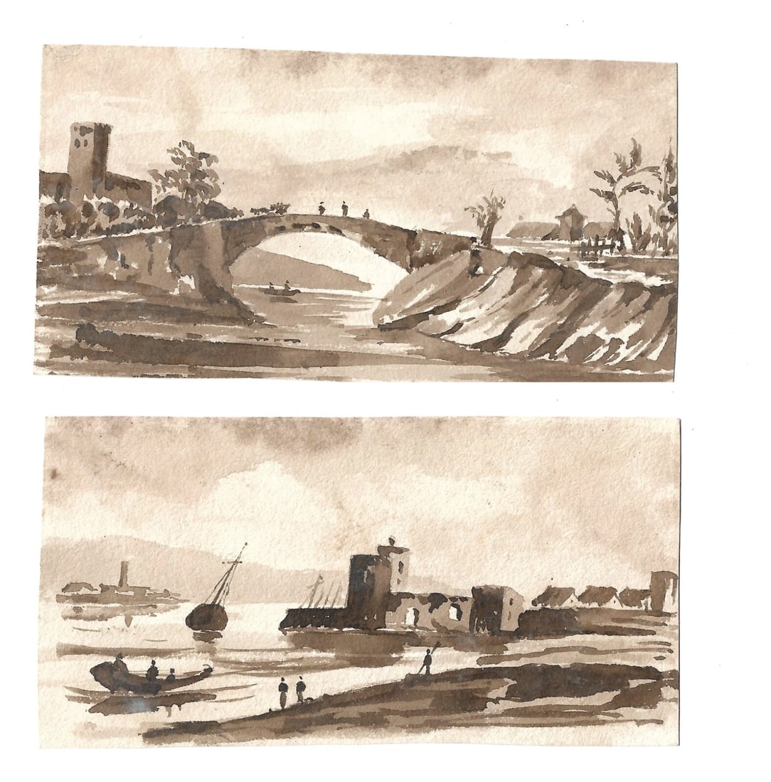 French Boat Sea People Maritime Bridge - Ink Drawing Antique 19th century - 2