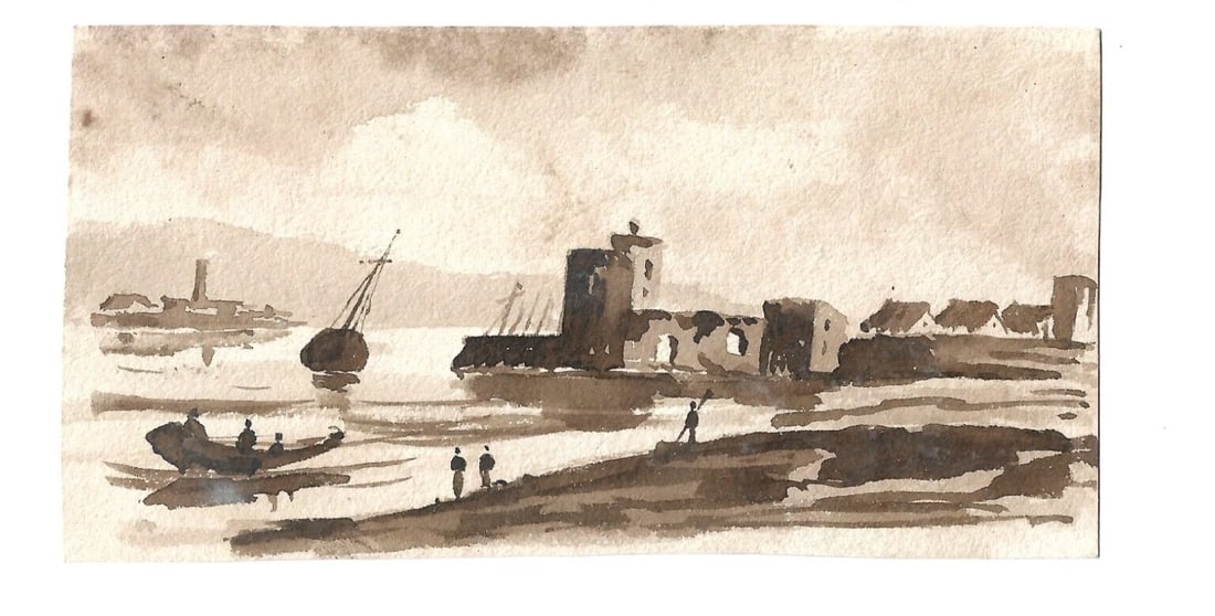 French Boat Sea People Maritime Bridge - Ink Drawing Antique 19th century - 6