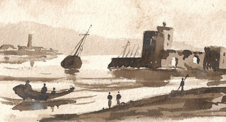 French Boat Sea People Maritime Bridge - Ink Drawing Antique 19th century - 7