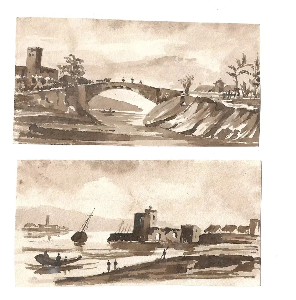 French Boat Sea People Maritime Bridge - Ink Drawing Antique 19th century - 8