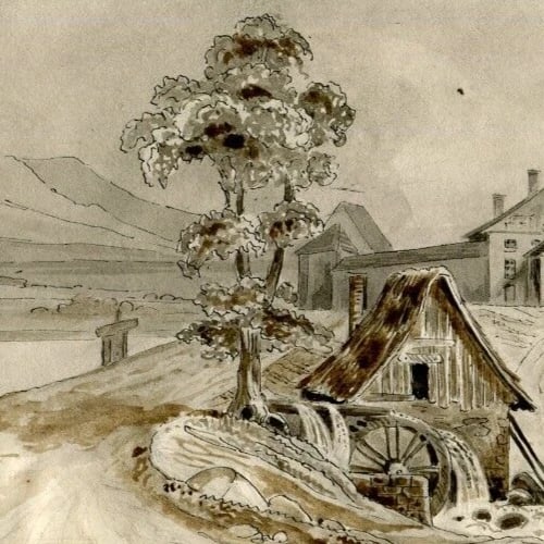 Mountain Landscape Chevannes Watermill 1851 - Drawing Antique Ink Original - 2