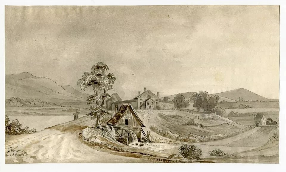 Mountain Landscape Chevannes Watermill 1851 - Drawing Antique Ink Original - 7