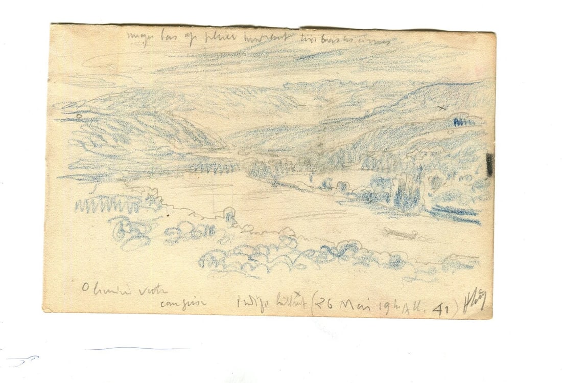 Mountain, River Landscape 1941 - Drawing Vintage Pencil Original signed - 2