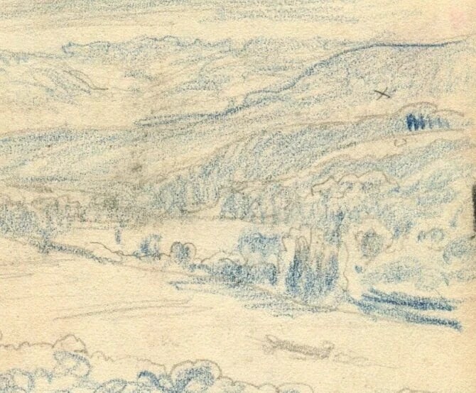 Mountain, River Landscape 1941 - Drawing Vintage Pencil Original signed - 4