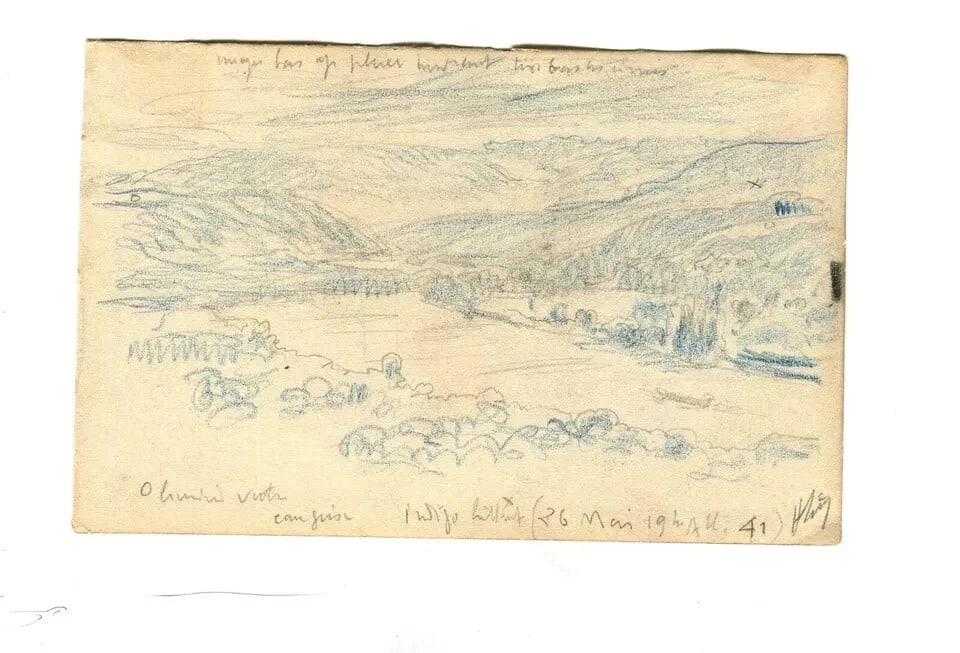Mountain, River Landscape 1941 - Drawing Vintage Pencil Original signed - 5