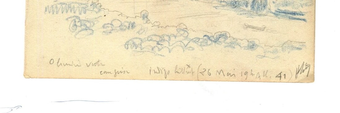 Mountain, River Landscape 1941 - Drawing Vintage Pencil Original signed - 6
