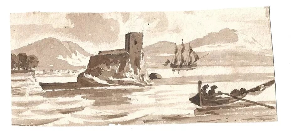 French Ink Drawing Castle Landscape Dikeos Collection Antique - 5