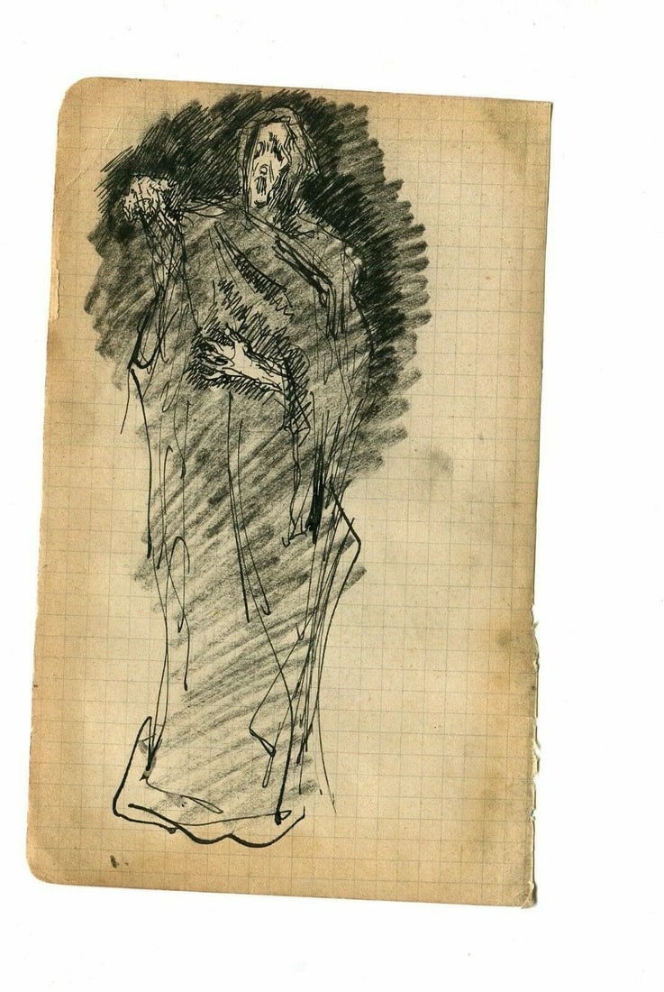Death Figure, Portrait - Drawing Antique Pencil Original - 2