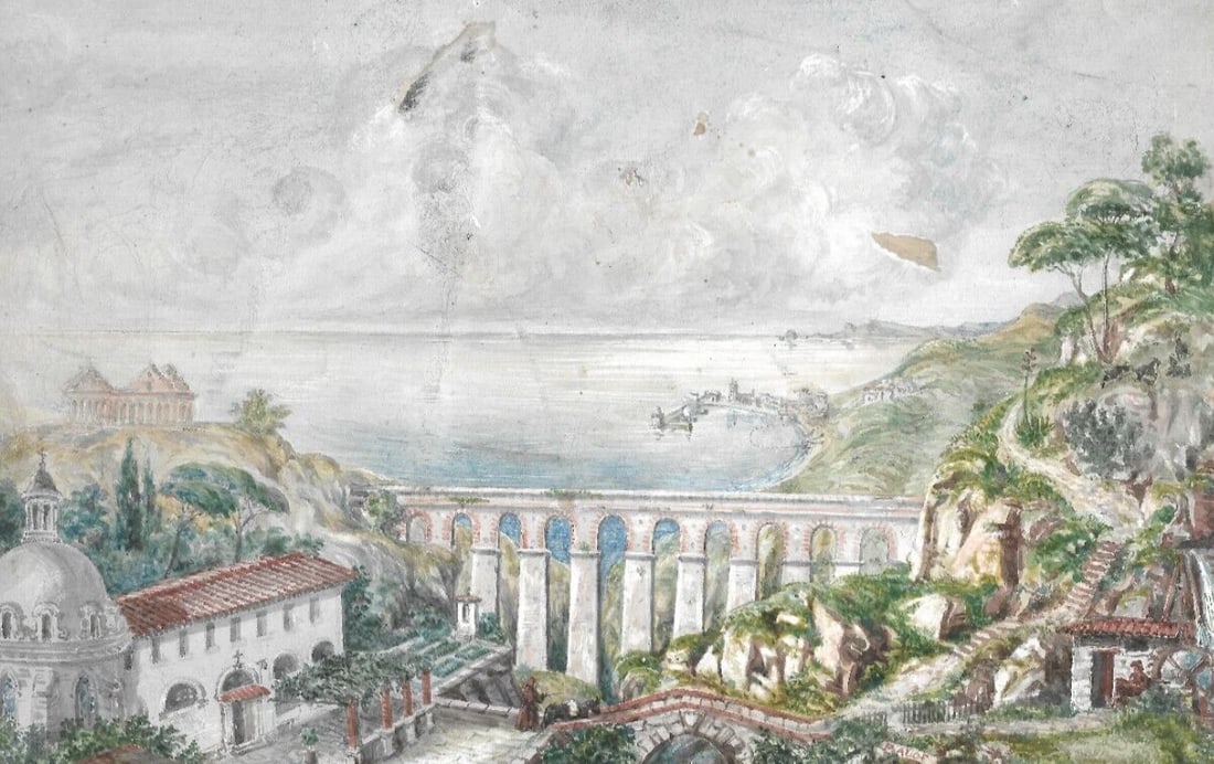 Vintage Drawing Original Cityscape Italian Landscape with Bridge: Title: Vintage Drawing Original Cityscape Italian Landscape with Bridge Description: Watercolor on paper 15 x 26,5 cm signed stick on paper, folds Reserve: $40.00 Shipping: Domestic: Fl