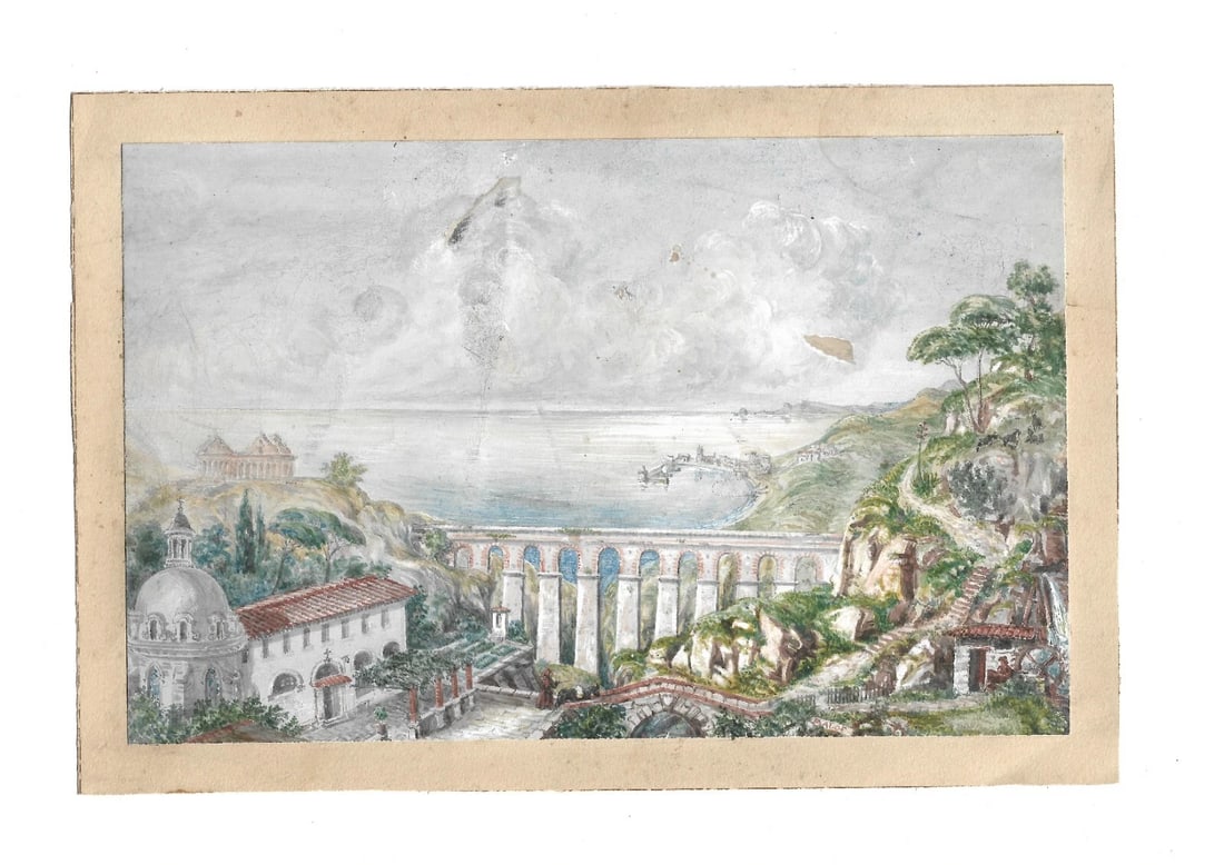 Vintage Drawing Original Cityscape Italian Landscape with Bridge - 2